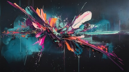 Poster - Vivid abstract painting with splashes of bold colors like magenta, teal, and orange over a dark background