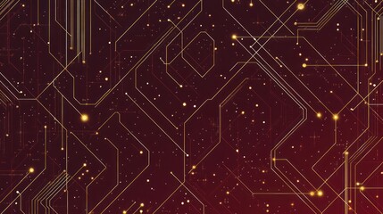 Poster - Abstract circuit board with golden lines, red background, tech for electronics, data