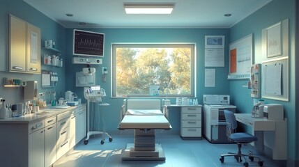 Poster - Bright clinic room with an endoscope for internal examination with sterile medical tools and medications neatly arranged for patient diagnosis