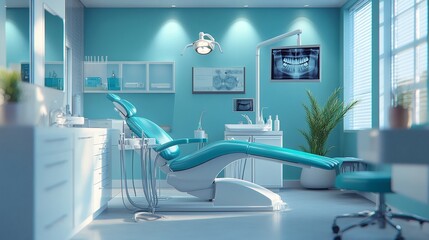 Fototapete - Bright dental treatment room featuring a hightech dental chair sterilized instruments like mirrors and forceps and digital Xray machines creating a modern and clean environment