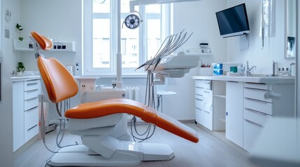 Poster - Bright dental treatment room featuring a hightech dental chair sterilized instruments like mirrors and forceps and digital Xray machines creating a modern and clean environment
