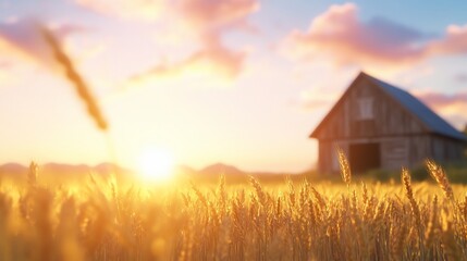 Wall Mural - Sunset over wheat field with barn