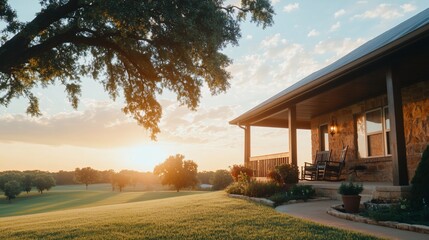 Wall Mural - Sunset view of country home, porch, garden