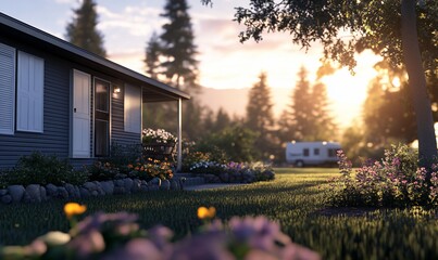 Wall Mural - Sunset view of cozy home, RV parked, mountains background; real estate