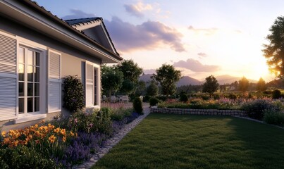 Poster - Sunset view of house, garden, landscaping