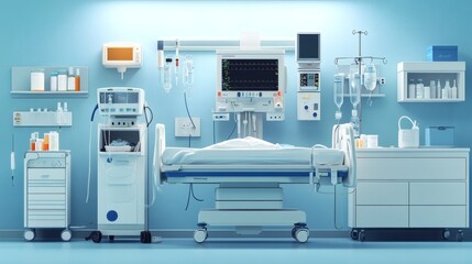 Poster - Bright hospital room equipped with a ventilator connected to a sterile environment with medical tools and medications neatly organized for respiratory care