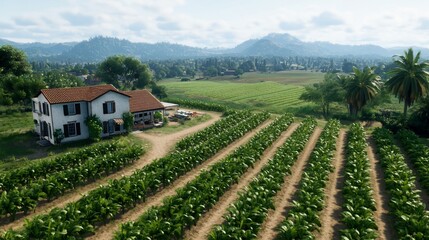 Canvas Print - Vineyard house rural landscape, hills background; idyllic countryside scene