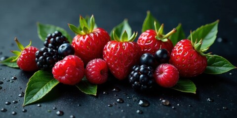 Wall Mural - A vibrant collection of summer berries, including juicy strawberries, plump raspberries, and dark blackberries, glistening with fresh dew drops on lush green leaves.