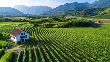 Canvas Print - Vineyard house, mountain valley, sunny day, agriculture