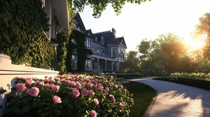 Poster - Victorian mansion, sunrise garden path