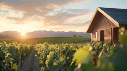 Wall Mural - Vineyard sunset, winery cabin, rural landscape