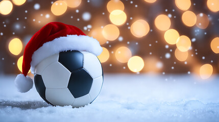 Sticker - Soccer ball with festive Santa hat on snowy surface, glowing bokeh lights in background.