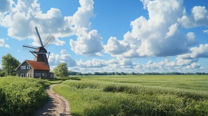 Canvas Print - Windmill, farmhouse, sunny field, Dutch landscape, postcard