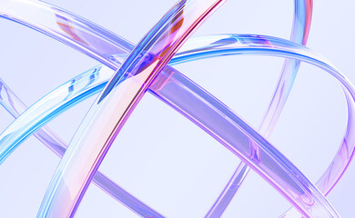 Poster - Glass holographic circular lines macro 3d background. Abstract hologram transparent curve tapes, iridescent light neon gradient crystal ribbons render. Dynamic digital tech banner. 3D illustration