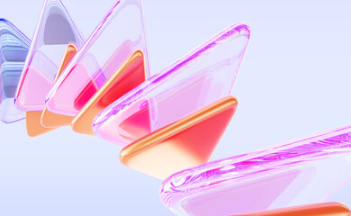 Poster - Colorful glass triangle shapes 3d background. Abstract holographic transparent crystal and plastic triangular figures with rainbow light prism effect render. Creative art wallpaper. 3D illustration