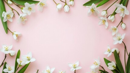 Wall Mural - Border of white spring flowers on a light pink background with space for text