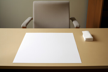  A blank sheet of paper and a stack of paper on a wooden table with a beige chair