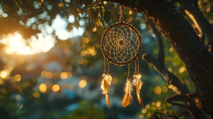 Aufkleber - A dreamcatcher adorned with soft feathers hangs gracefully from a tree branch. Warm sunlight bathes the scene, creating a serene atmosphere perfect for daydreaming