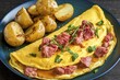 © Stefano - a golden-yellow omelette garnished with bits of red pork meat