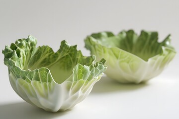 Canvas Print - Two sculpted cabbage leaf bowls sit on a white background