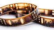 © Nijat - A close-up of an old film strip with a white background, showcasing the texture and colors of each frame. The focus is on one end where two frames have blurry images inside them. This composition