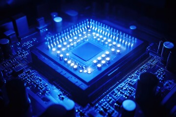 Poster - Illuminated CPU on motherboard; tech background; website, article