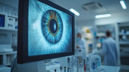 Poster - Clean medical room with an ophthalmoscope showing eye examination images on a screen with sterile instruments and medications arranged for diagnosis