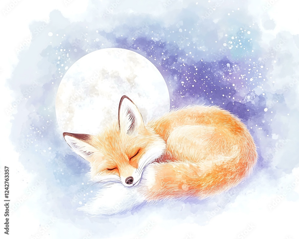 Watercolor A serene illustration of a sleeping fox under a moonlit sky ...