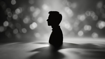 Poster - Silhouette of a person emerging from water with a dreamy background of shimmering lights at twilight