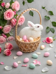 Easter Bunny and Colorful Eggs on grey background