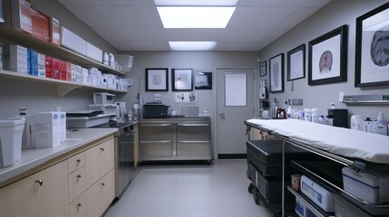 Poster - Clean operating room featuring a cauterization machine used for surgical incision with sterile medical instruments and medications prepared for patient care