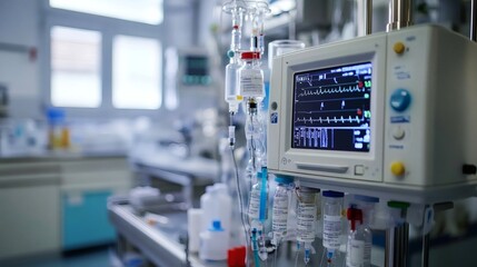 Poster - Clean operating room showcasing a syringe infusion pump with sterile medical tools and medications neatly organized for controlled medication administration