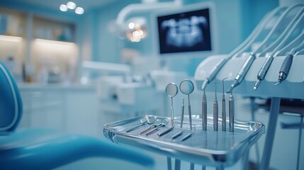 Poster - Closeup of sterilized dental tools including mirrors scalers and probes laid on a metal tray next to a hightech dental chair and Xray machine in a clean clinic setting