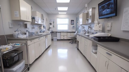 Poster - Dental clinic with digital Xray machines sterilized dental tools and medicine trays neatly organized on metal carts ready for an upcoming procedure