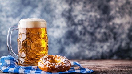 Aufkleber - Traditional german oktoberfest beer stein and pretzel on wooden table