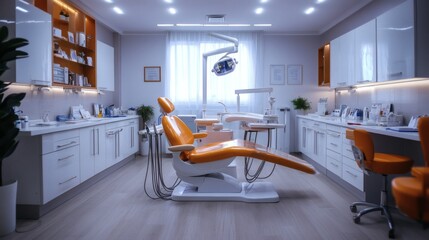 Poster - Dental office with sterilized dental tools medicine trays and a hightech dental chair with overhead lighting ready for patient care in a clean and professional environment
