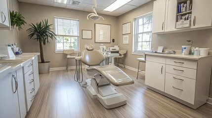Fototapete - Dental office with sterilized dental tools medicine trays and a hightech dental chair with overhead lighting ready for patient care in a clean and professional environment