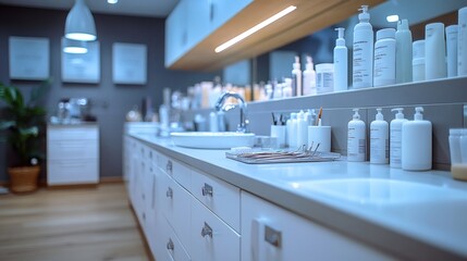 Poster - Dental office with sterilized dental tools digital Xray machines and neatly organized medicine trays ready for patient care in a clean and professional space