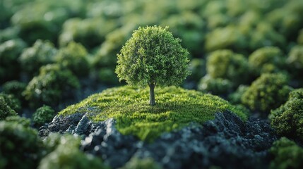 Aufkleber - A solitary tree rises from a rocky formation, its vibrant green leaves shimmering in the soft light of dawn. Surrounding it, a lush carpet of grass and smaller bushes creates a serene landscape