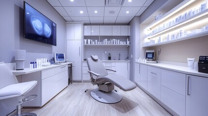 Fototapete - Dermatology clinic featuring advanced skin analysis machines ointments and a sterile environment filled with diagnostic tools creams and medical machines