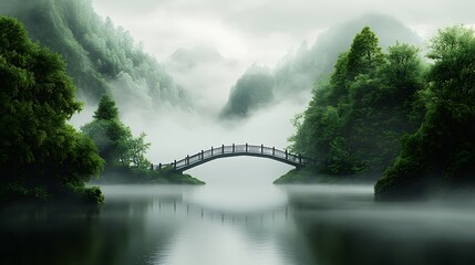 Wall Mural - Ethereal futuristic city with a glowing bridge above a mist-covered river, soft color palette, raw and artistic photography, Ultra-Realistic, Photo Realistic, highly detailed, 