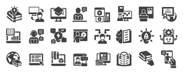 Wall Mural - e-learning glyph solid icons collection. containing content education, learn, tutorial, training. mi