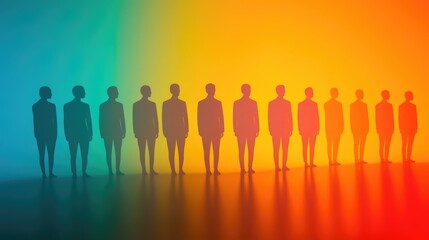 Poster - Group of silhouetted figures in business attire studio setting abstract art colorful gradient background