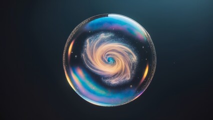 Poster - swirling galaxy depicted within a soap bubble floating in mid-air, captivating cosmic colors