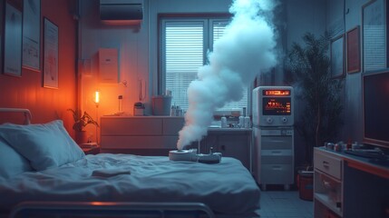 Fototapete - Detailed clinic equipped with a nebulizer machine emitting vapor with sterile instruments and medications neatly arranged for patient care