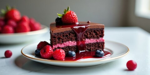 Wall Mural - Delicious Chocolate Cake with Berry Compote and Fresh Berries on a Plate