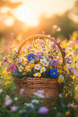 Aufkleber - A wicker basket filled with vibrant wildflowers, including purple, yellow, and white blooms, sitting in a sunlit meadow, symbolizing the beauty and freshness of spring.