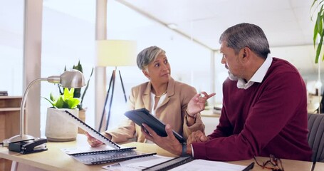 Aufkleber - Collaboration, man and woman with a tablet, planning and share ideas for partnership, startup and discussion. Staff, employees and teamwork with technology, brainstorming and explain company system