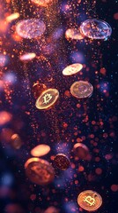 Poster - Golden coins gracefully fall through a vibrant space filled with shimmering lights, evoking feelings of wealth and innovation, representing the dynamic world of cryptocurrency