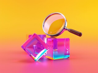 Poster - Magnifying glass and colorful cubes abstract art studio setting vibrant colors close-up view creative concept